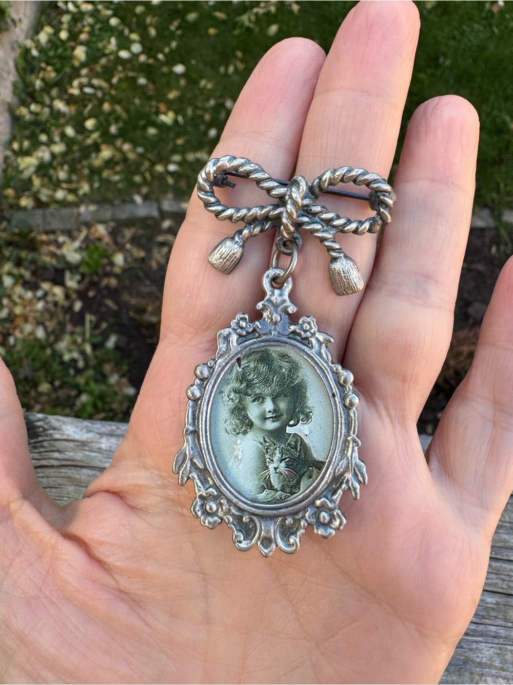 Vintage 90’s Bow Brooch with Ornate Portrait Pendant - Victorian Renaissance